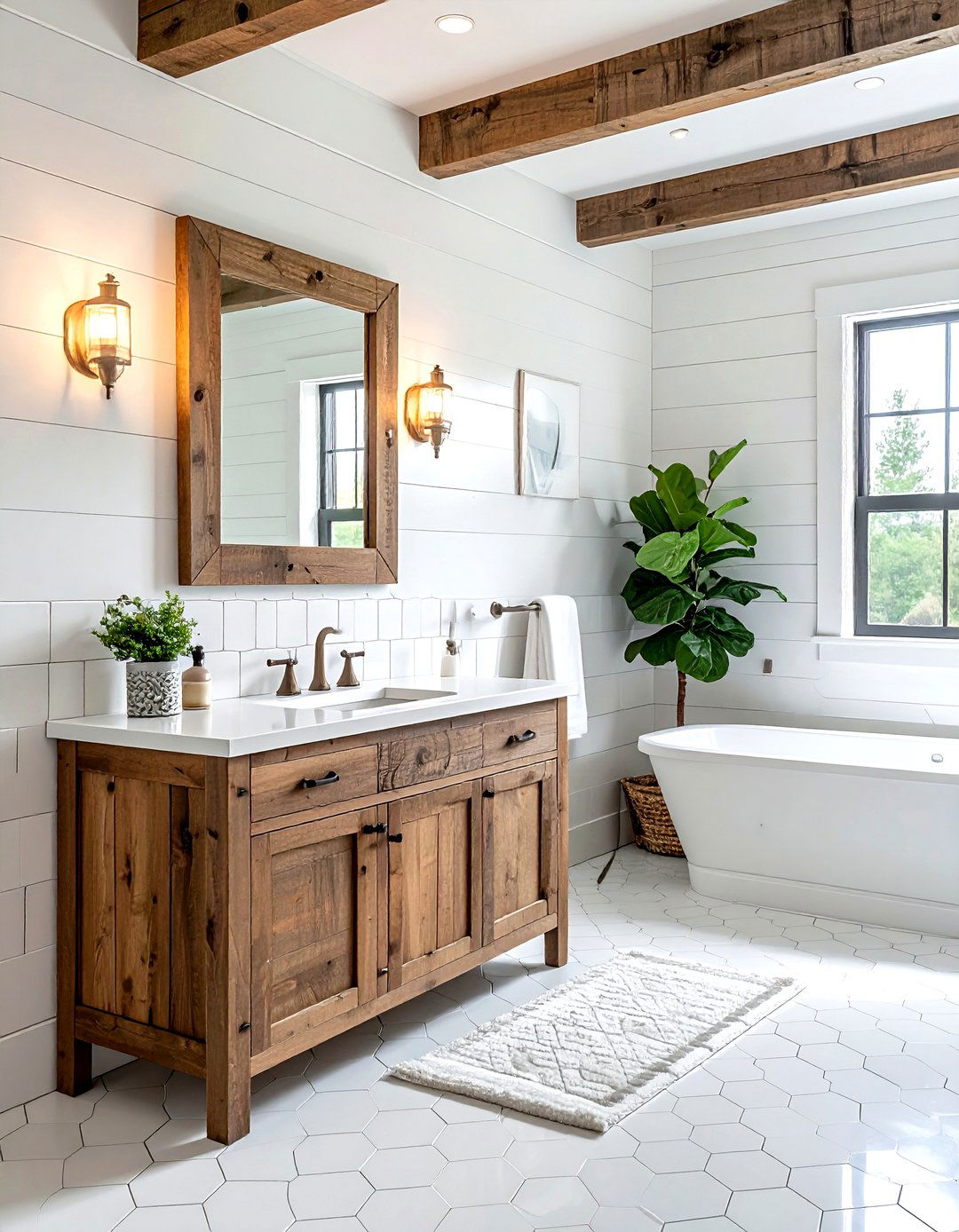 Farmhouse white hexagon tile bathroom - 30 white hexagon tile bathroom ideas