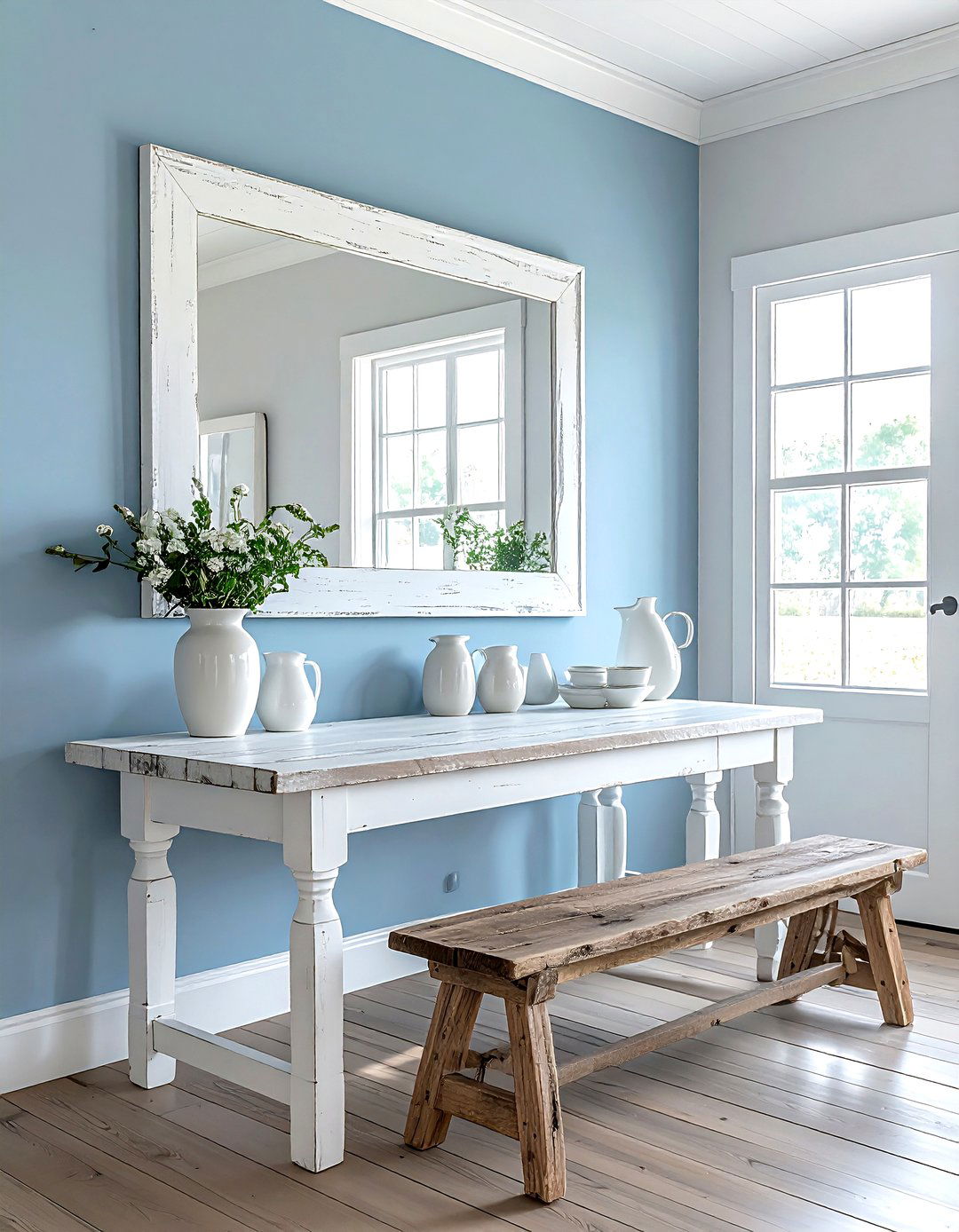 Farmhouse white wash mirror - 30 leaning mirror dining room ideas