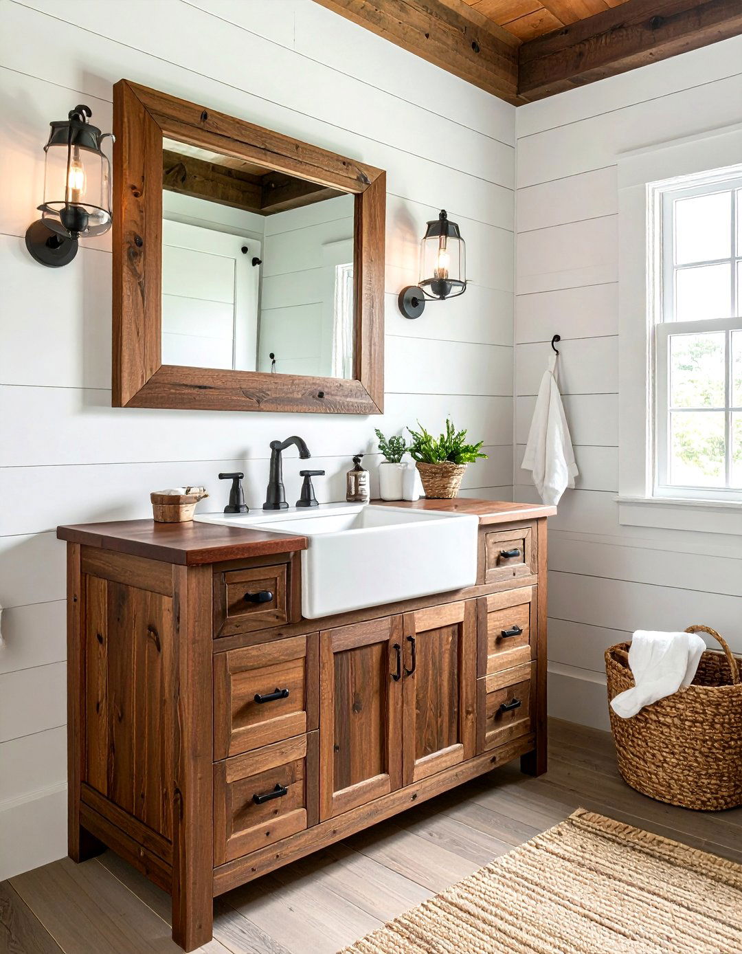 Farmhouse wood bathroom vanity - 30 butcher block bathroom countertop ideas