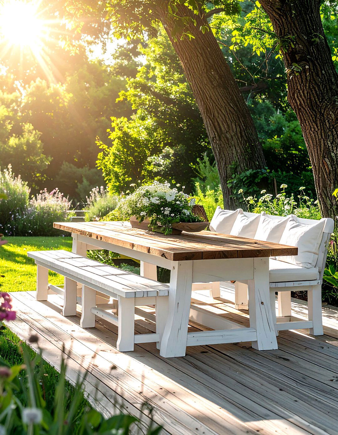 Farmhouse wood table white bench - 30 brown and white dining room ideas