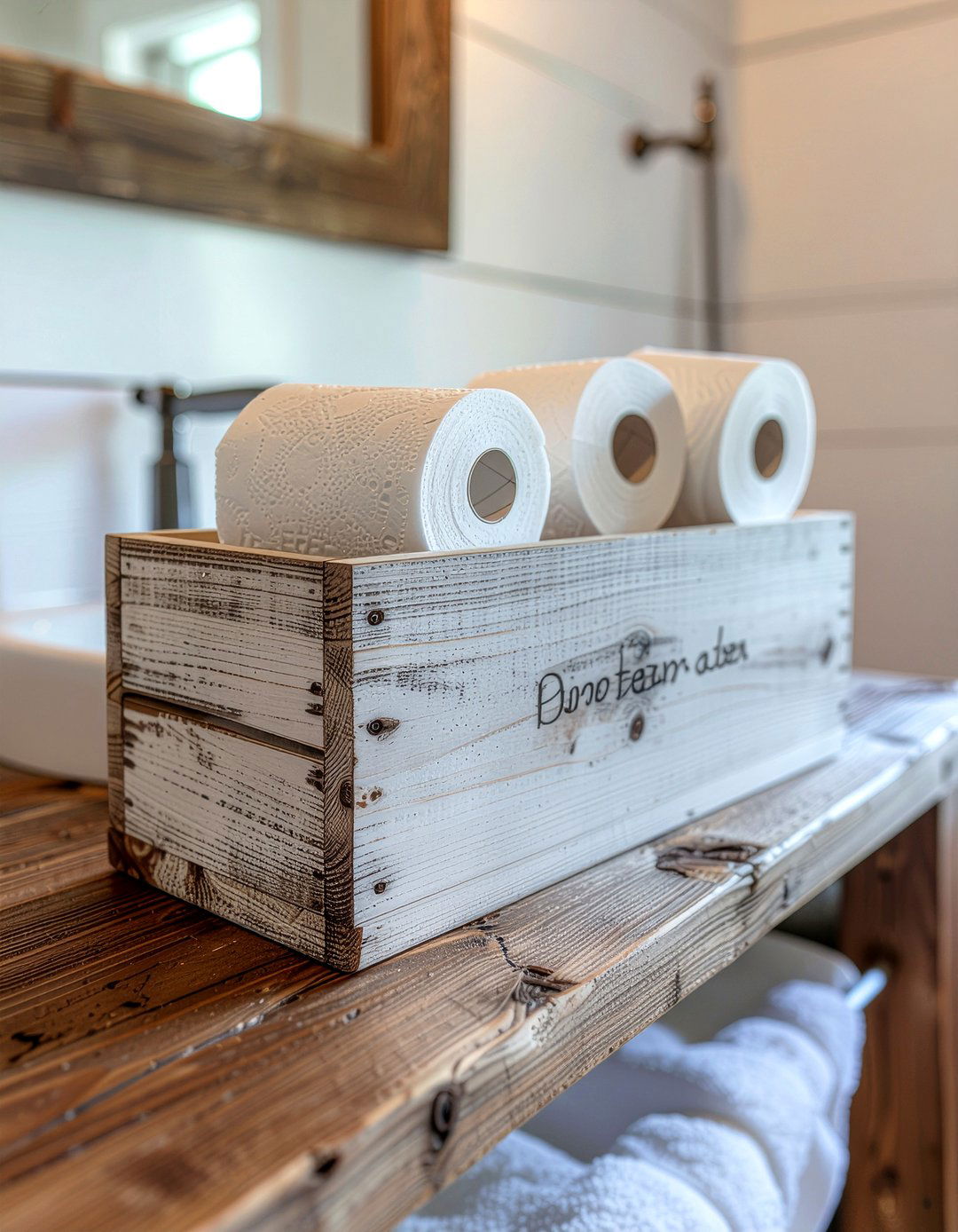 Farmhouse wooden bathroom box - 30 bathroom caddy ideas