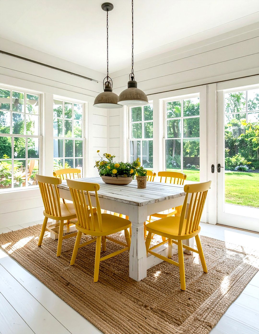 Farmhouse yellow and white dining room - 30 yellow and white dining room ideas