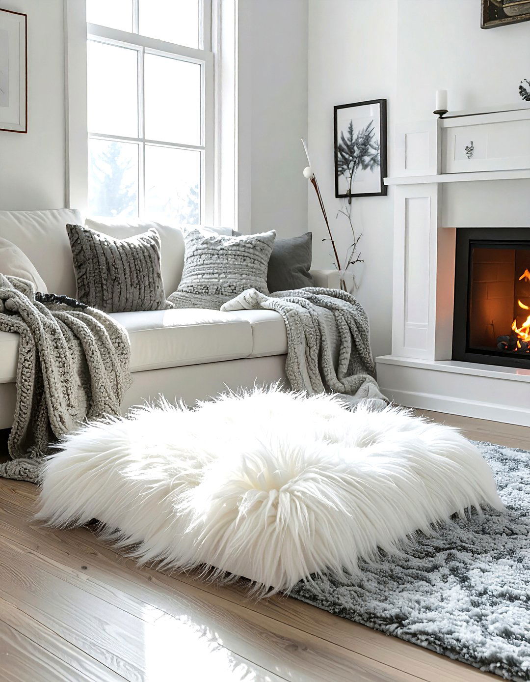 Faux Fur Floor Seat - 30 living room pouf seating ideas