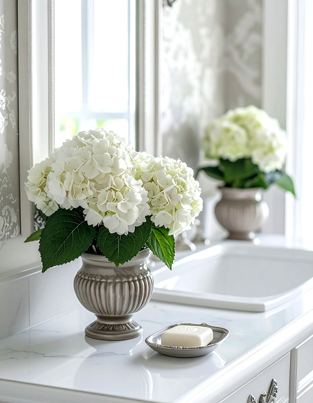 Faux Hydrangeas In Ceramic Pot - 30 bathroom flower arrangement ideas