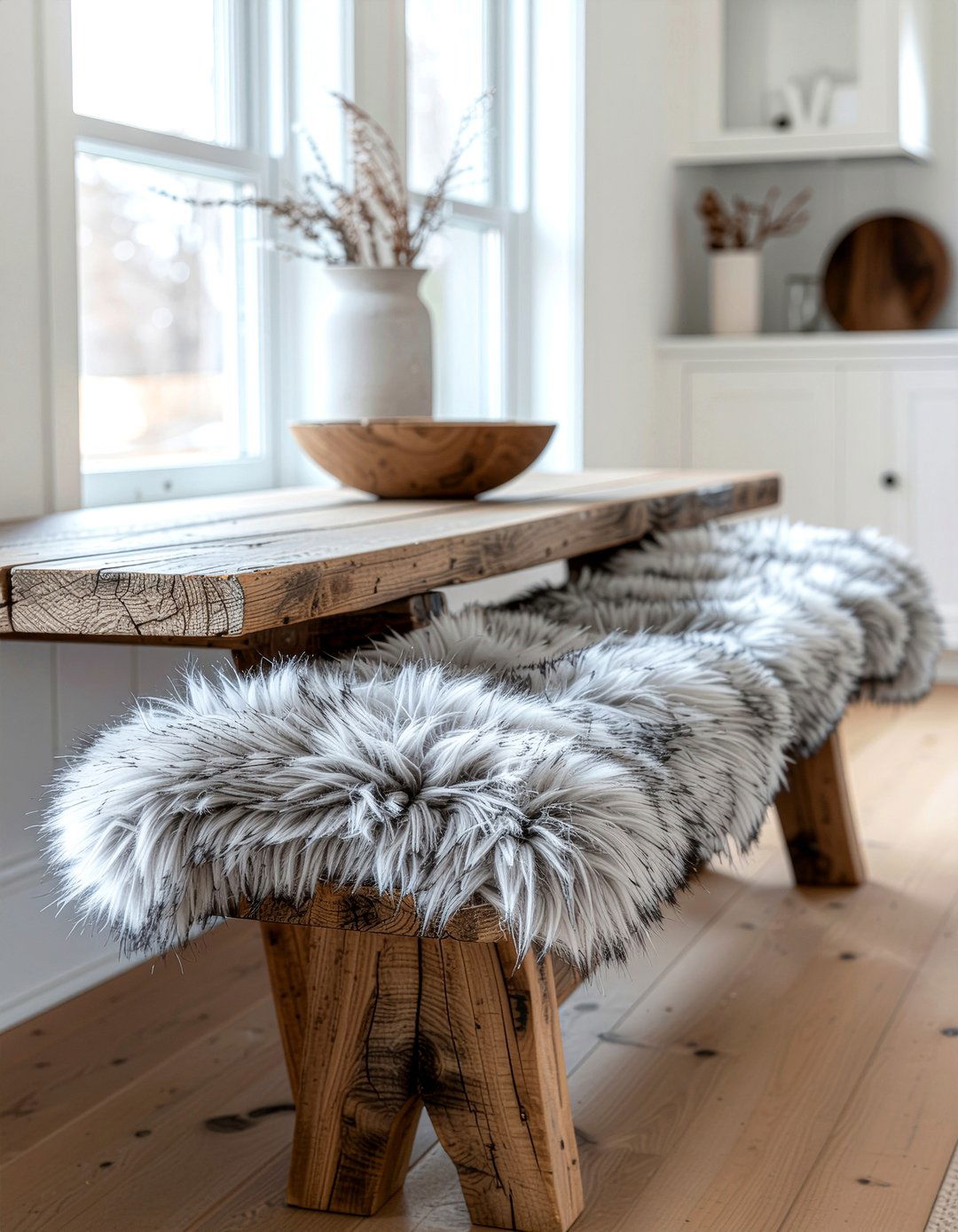 Faux fur bench cushion dining - 30 faux fur decor ideas