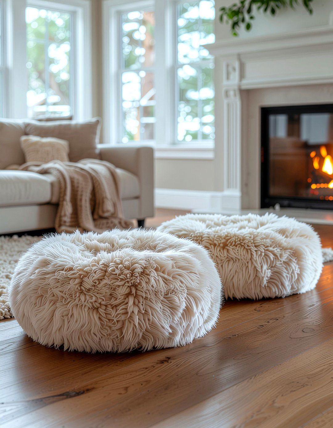 Faux fur floor pouf seating - 30 faux fur decor ideas