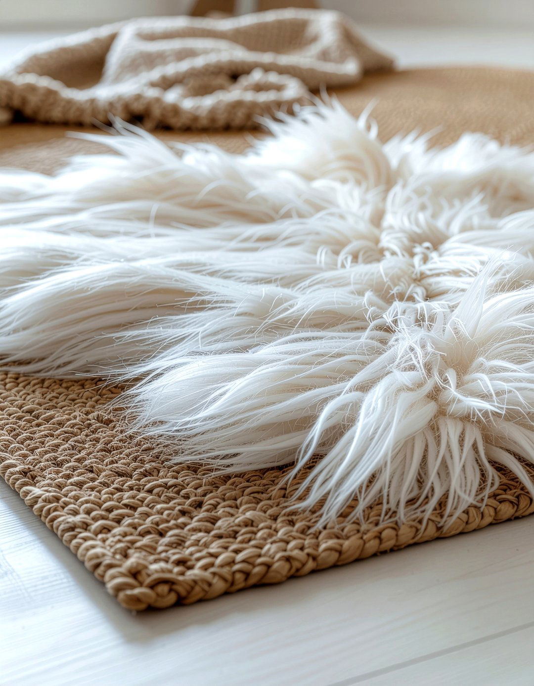 Faux fur rug over jute rug - 30 living room rug layering ideas
