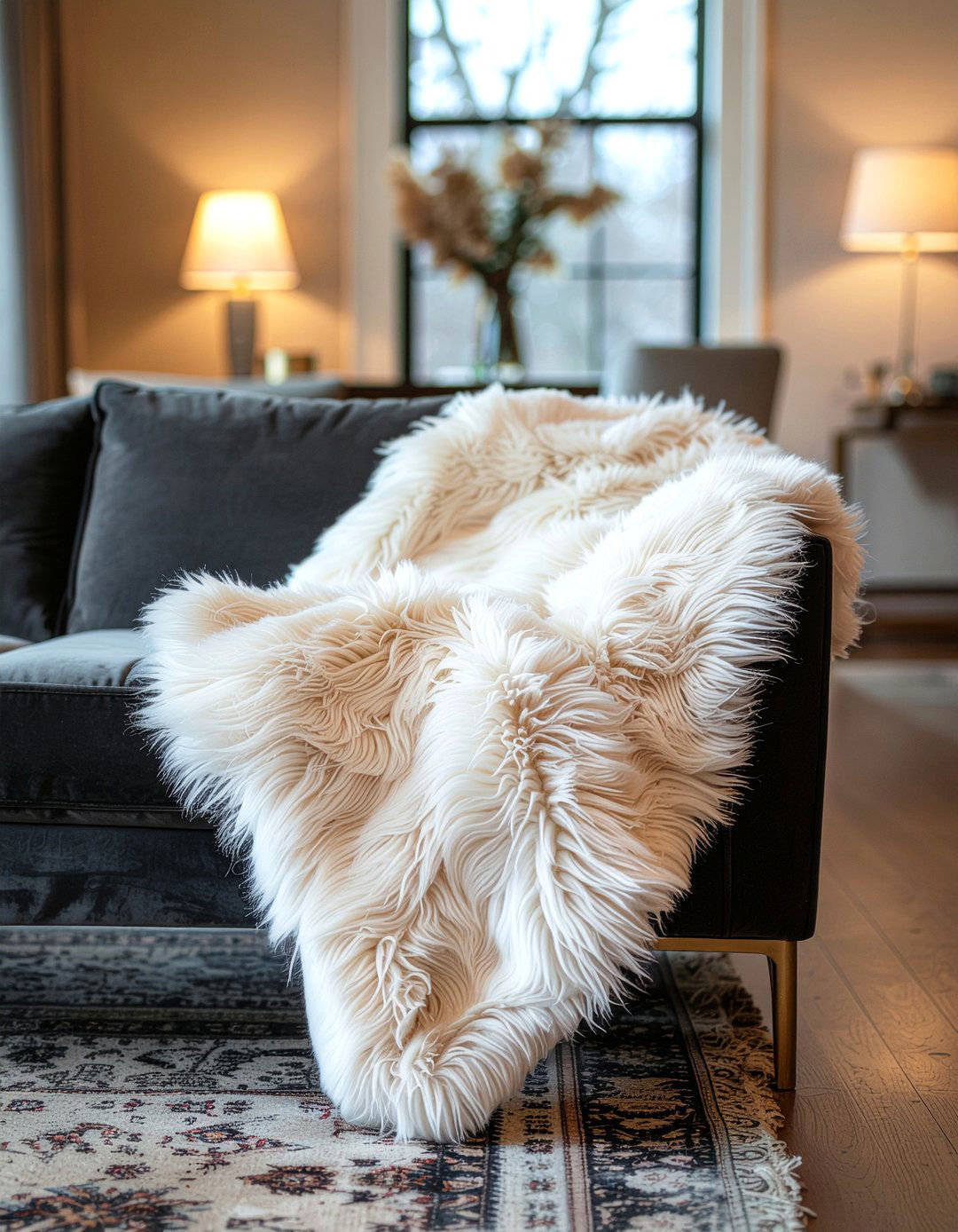 Faux fur throw - 30 modern glam living room ideas
