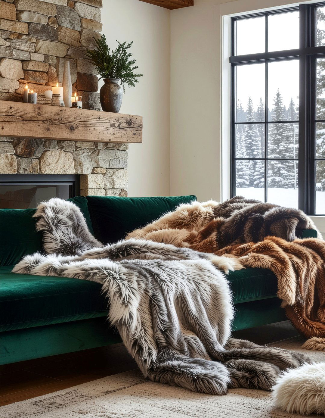 Faux fur throw blankets - 30 woodland living room ideas