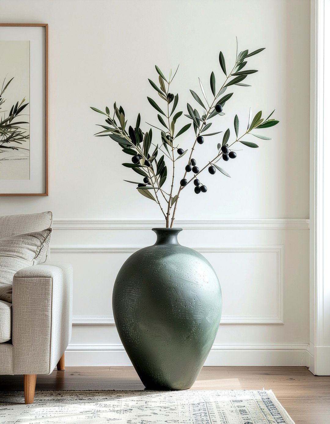 Faux olive branch floor vase - 30 faux flower ideas