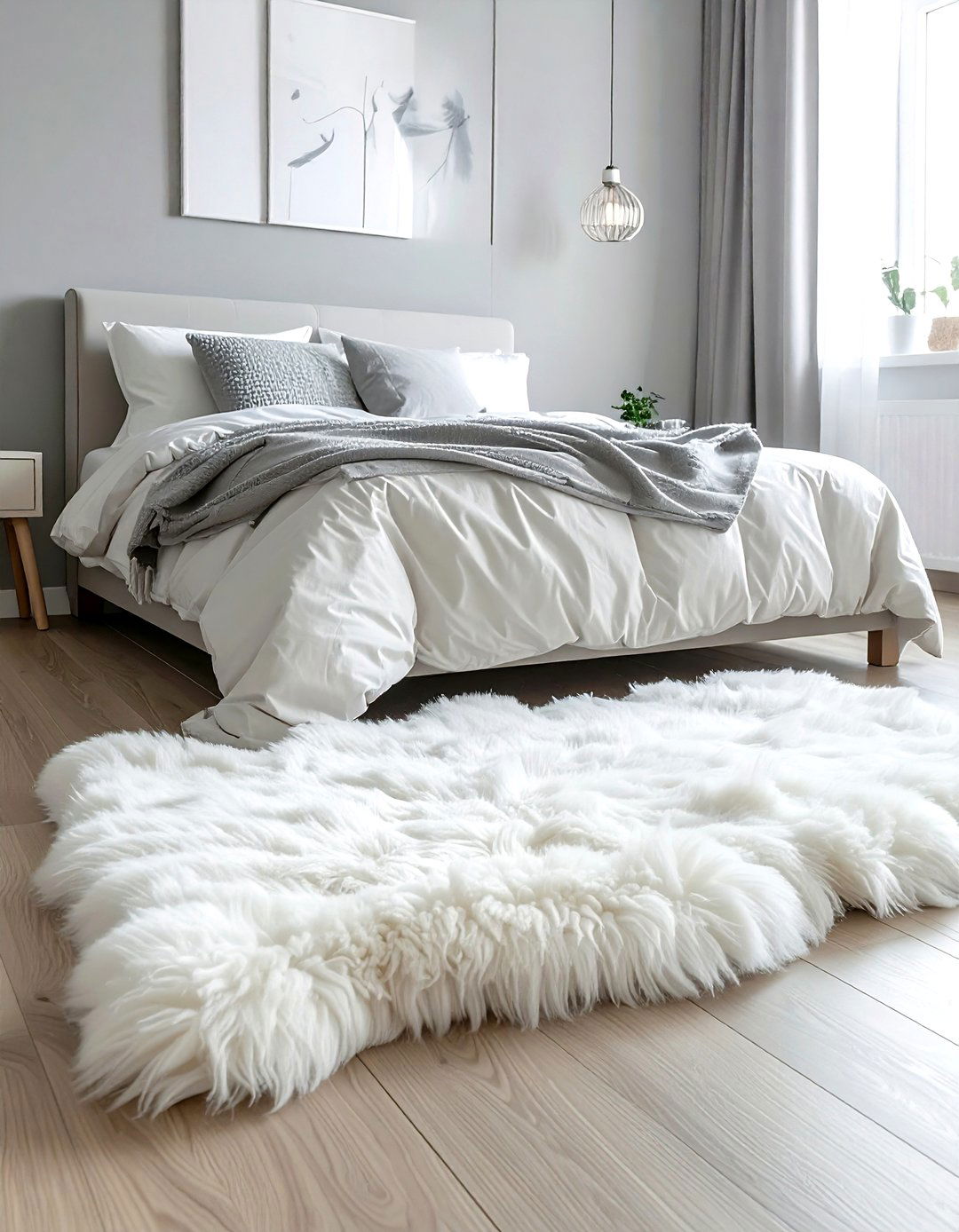 Faux sheepskin floor rug - 30 scandinavian grey bedroom ideas