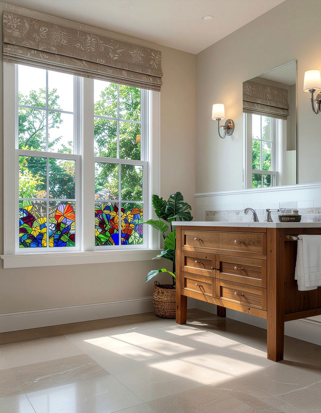 Faux stained glass film bathroom - 30 bathroom privacy window ideas