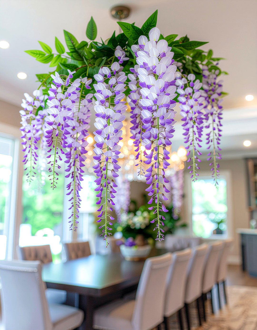 Faux wisteria hanging installation - 30 faux flower ideas
