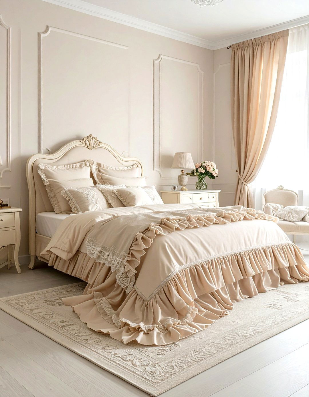 Feminine ruffled beige bedroom - 30 farmhouse beige bedroom ideas