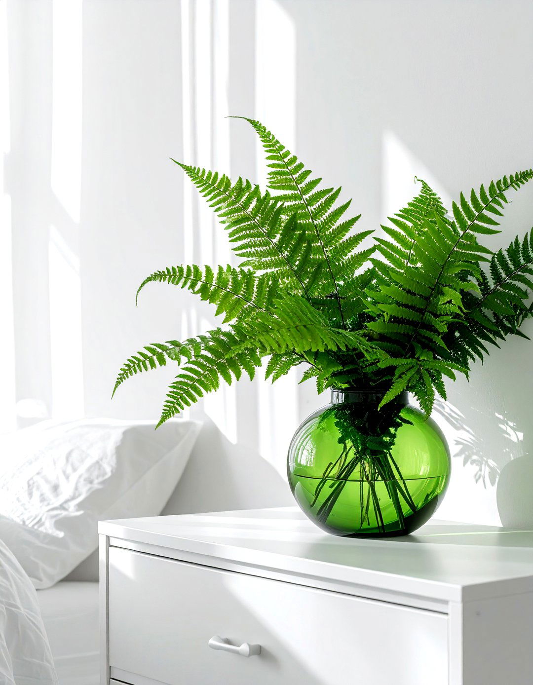 Fern fronds in green glass vase - 30 vase arrangement ideas