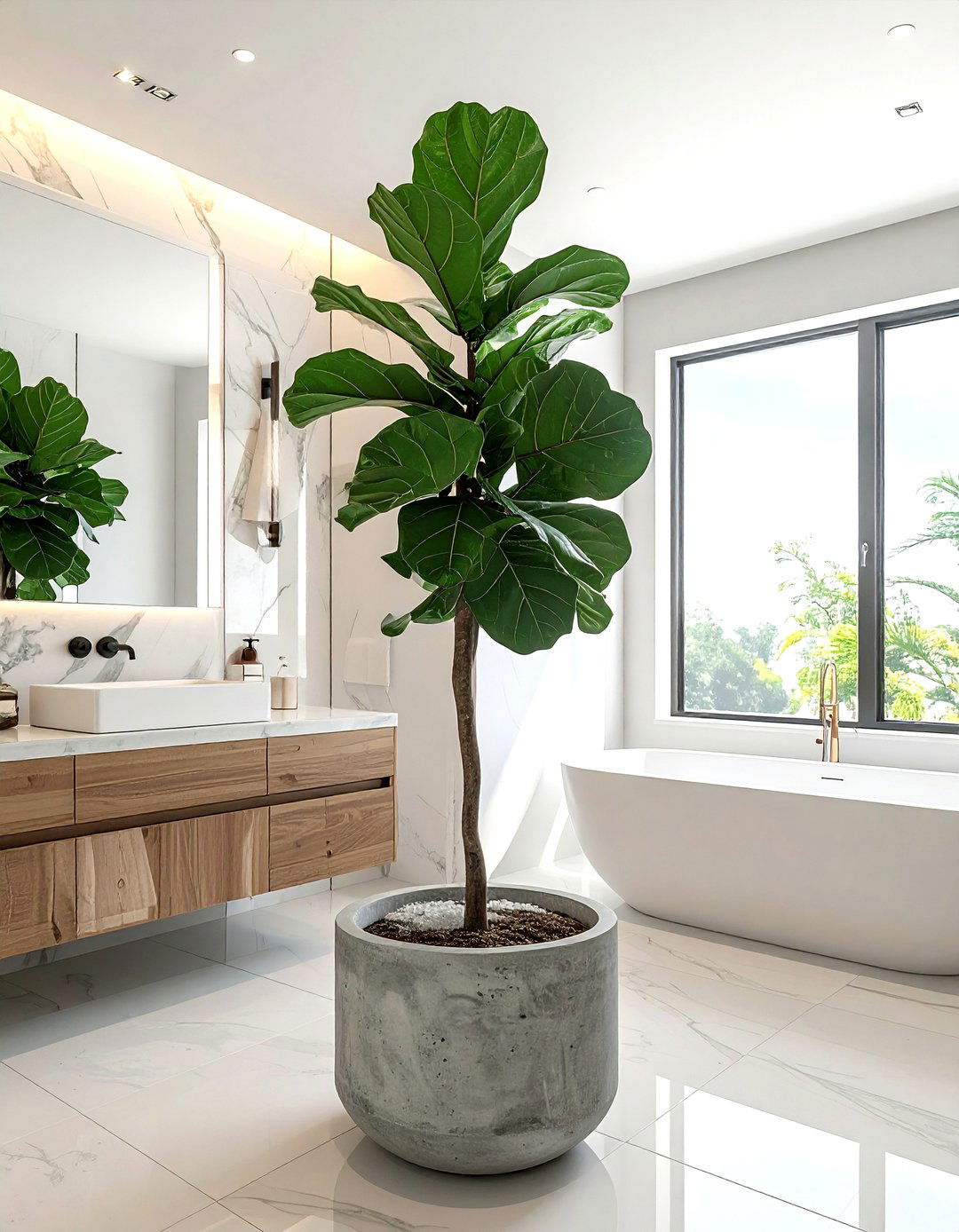 Fiddle leaf fig in bathroom - 30 bathroom plant accent ideas