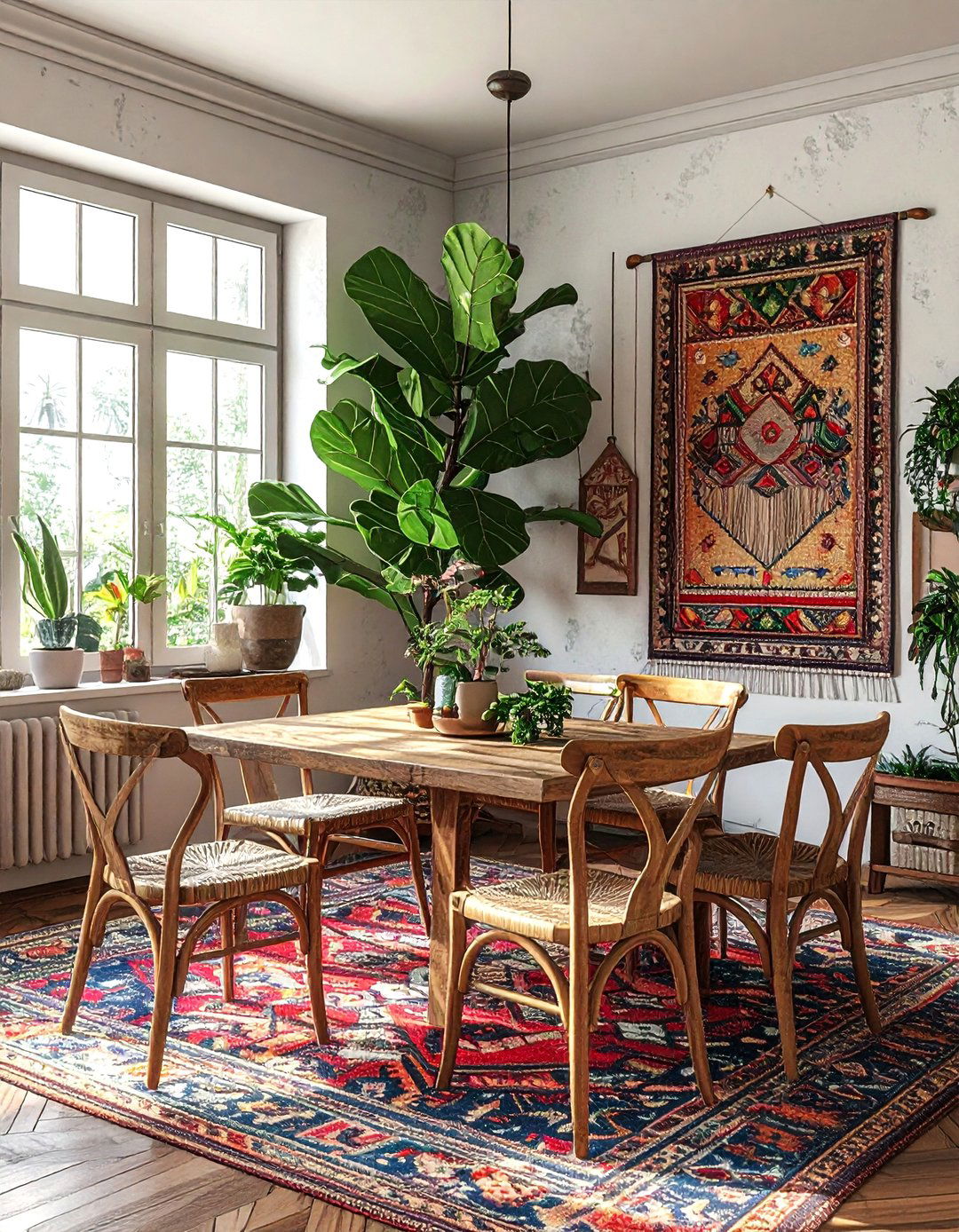 Fiddle leaf fig in boho room - 30 dining room fiddle leaf fig ideas