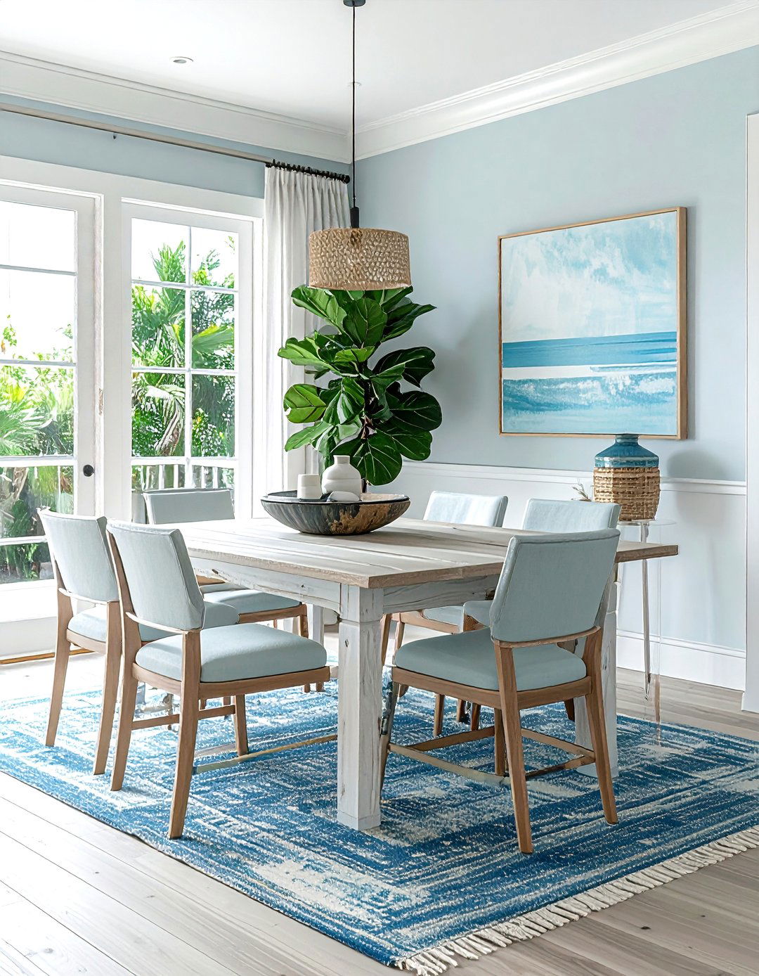 Fiddle leaf fig in coastal dining room - 30 dining room fiddle leaf fig ideas