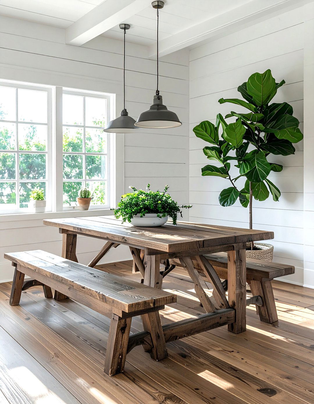 Fiddle leaf fig in farmhouse room - 30 dining room fiddle leaf fig ideas