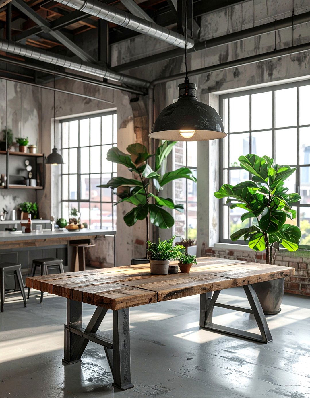 Fiddle leaf fig in industrial room - 30 dining room fiddle leaf fig ideas