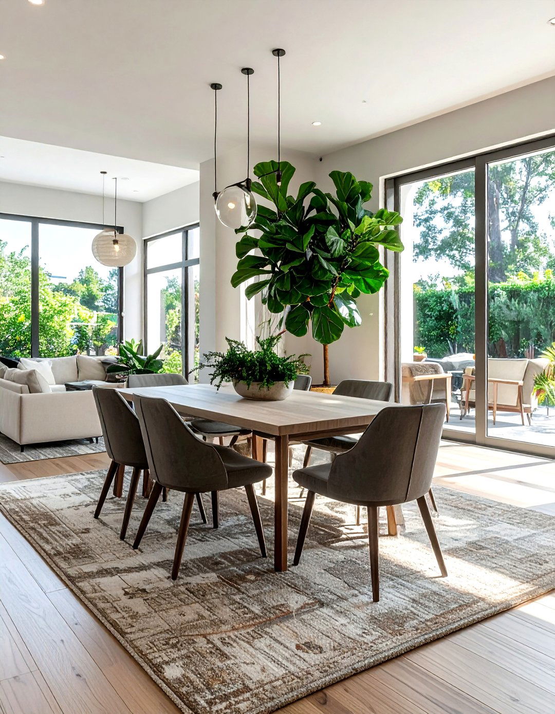 Fiddle leaf fig in open concept area - 30 dining room fiddle leaf fig ideas