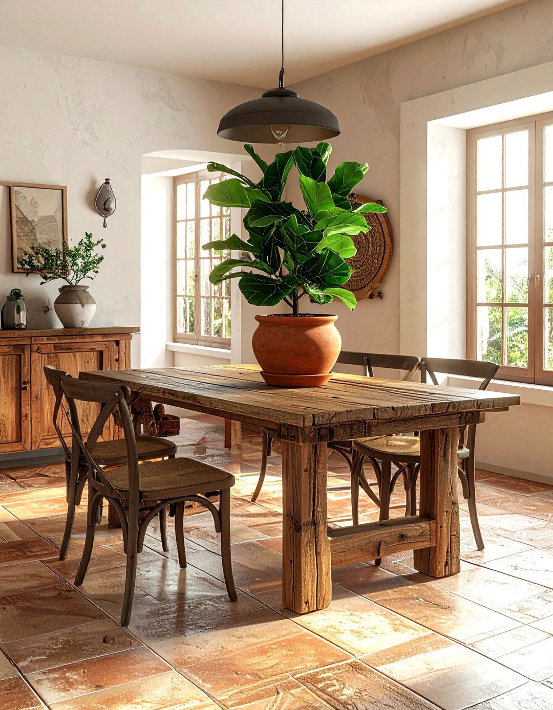 Fiddle leaf fig in terracotta pot - 30 dining room fiddle leaf fig ideas