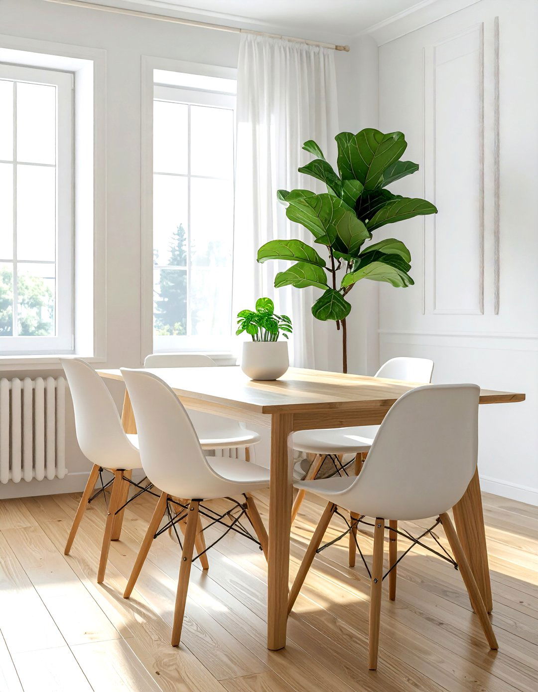 Fiddle leaf fig in white ceramic pot - 30 dining room fiddle leaf fig ideas