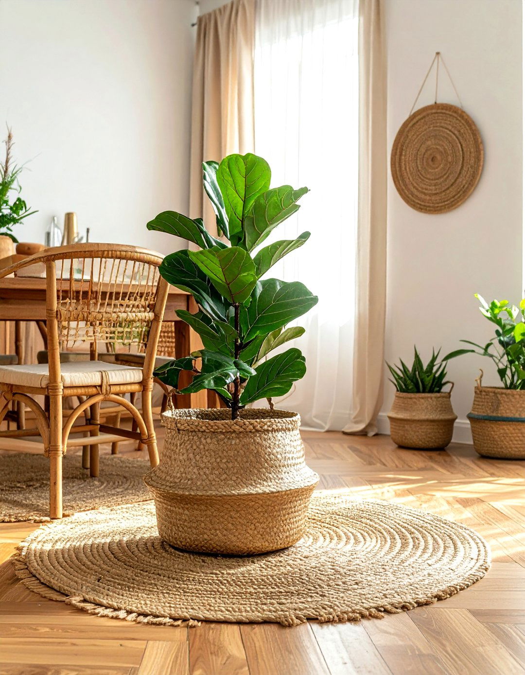 Fiddle leaf fig in woven basket - 30 dining room fiddle leaf fig ideas