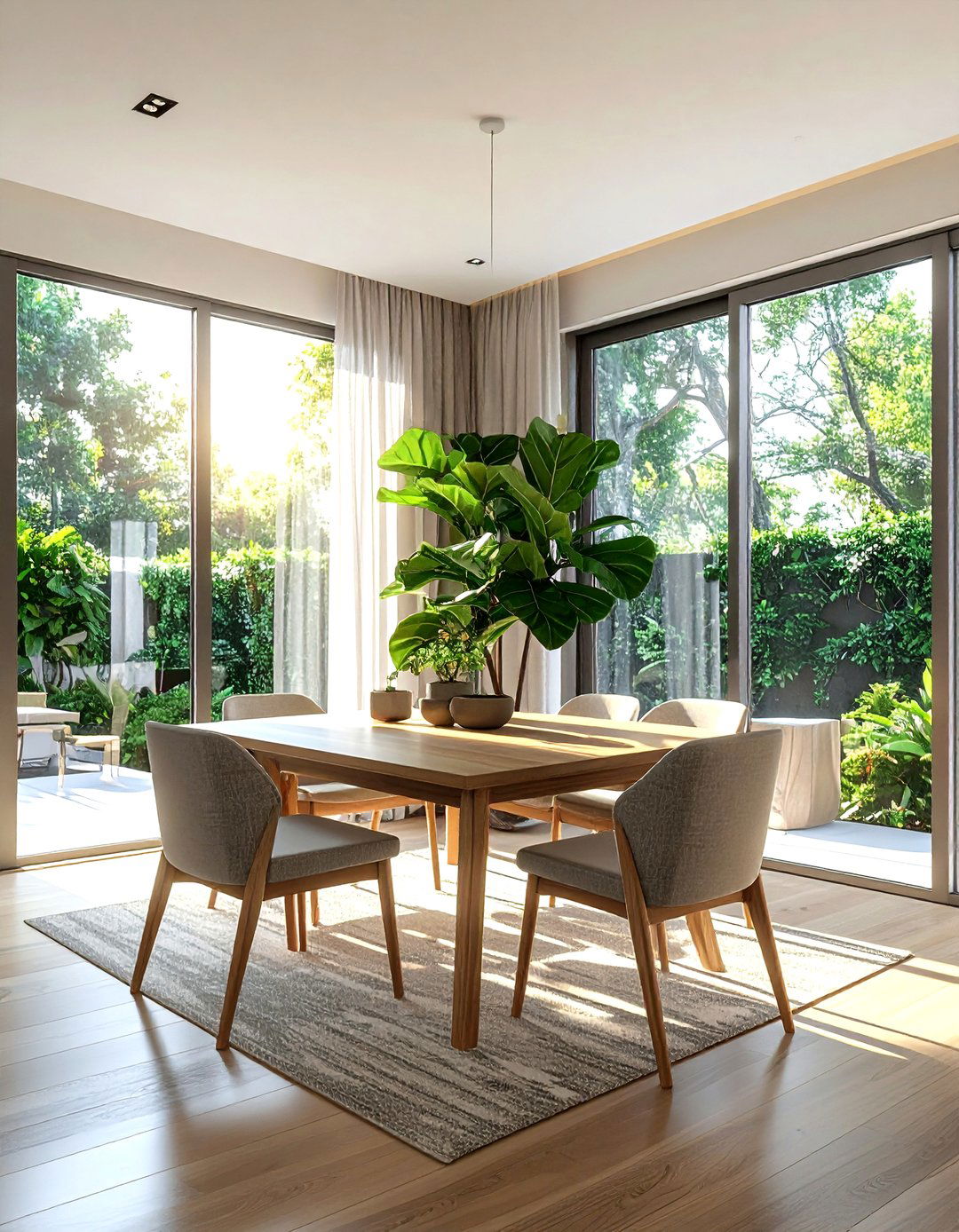 Fiddle leaf fig near glass doors - 30 dining room fiddle leaf fig ideas