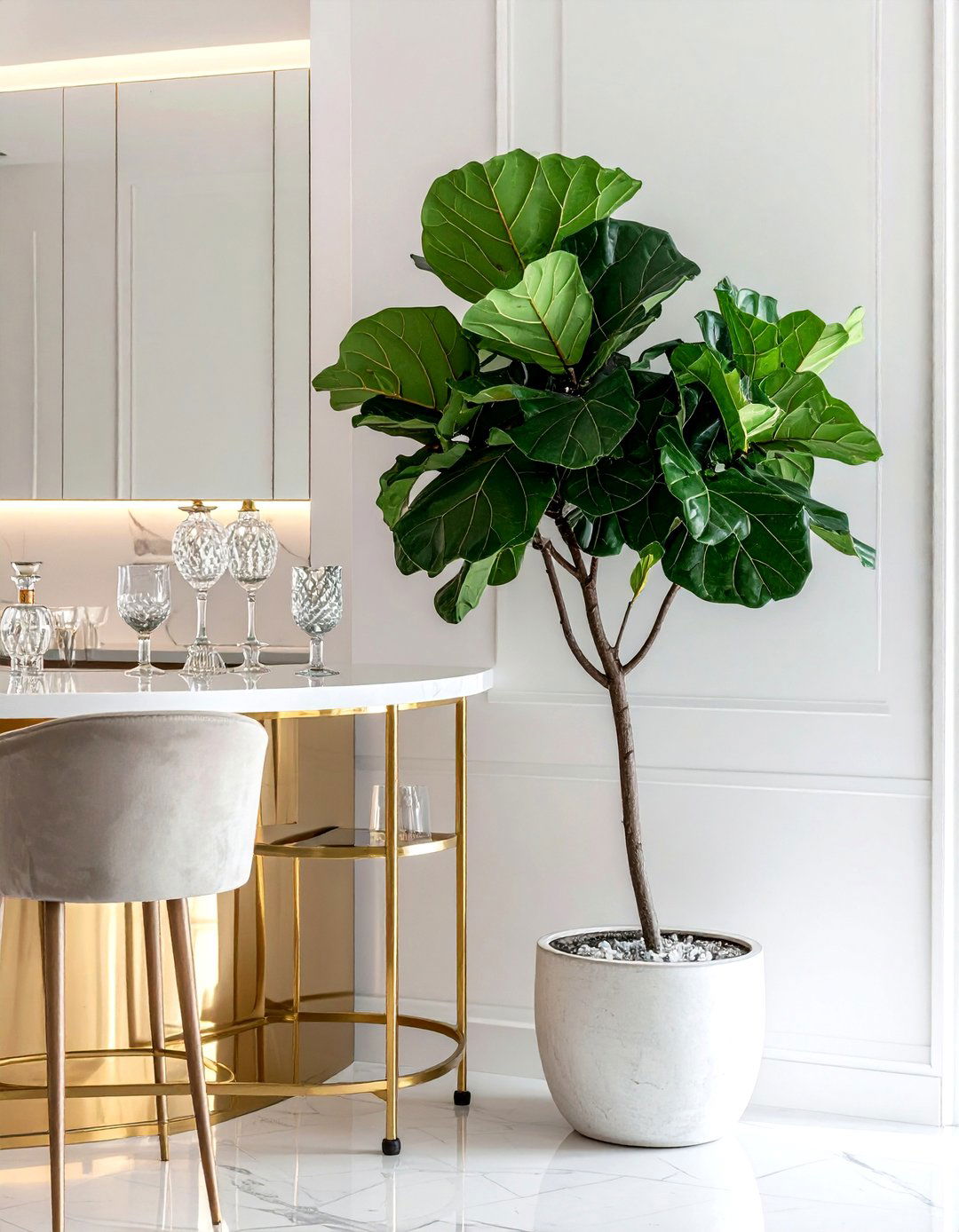 Fiddle leaf fig next to bar cart - 30 dining room fiddle leaf fig ideas