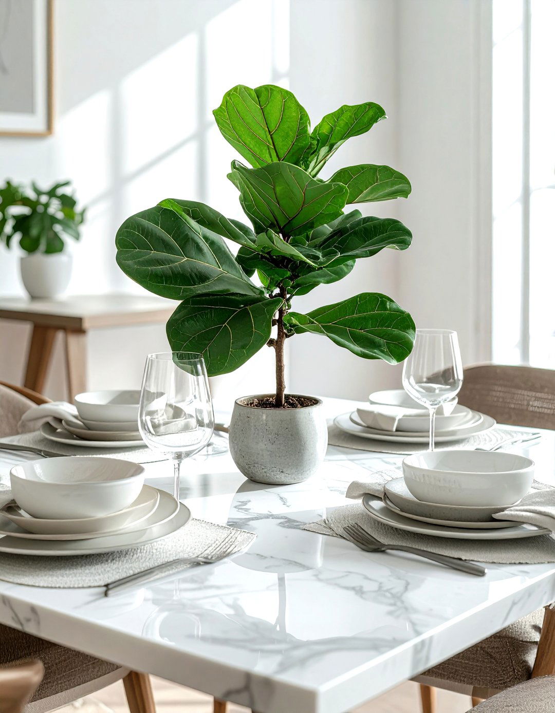 Fiddle leaf fig on dining table - 30 dining room fiddle leaf fig ideas