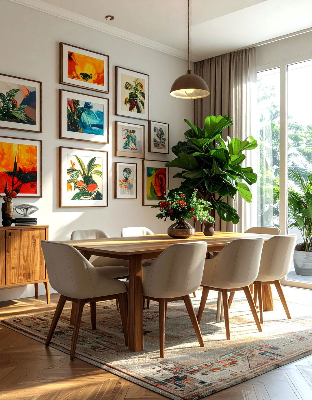 Fiddle leaf fig with gallery wall - 30 dining room fiddle leaf fig ideas