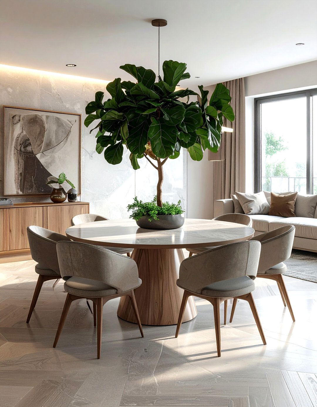 Fiddle leaf fig with round table - 30 dining room fiddle leaf fig ideas