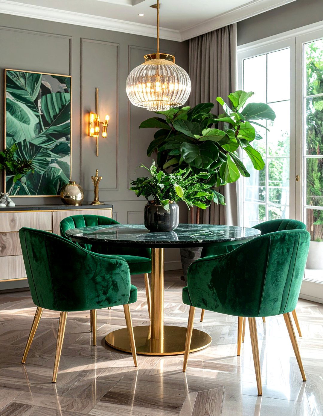 Fiddle leaf fig with velvet chairs - 30 dining room fiddle leaf fig ideas
