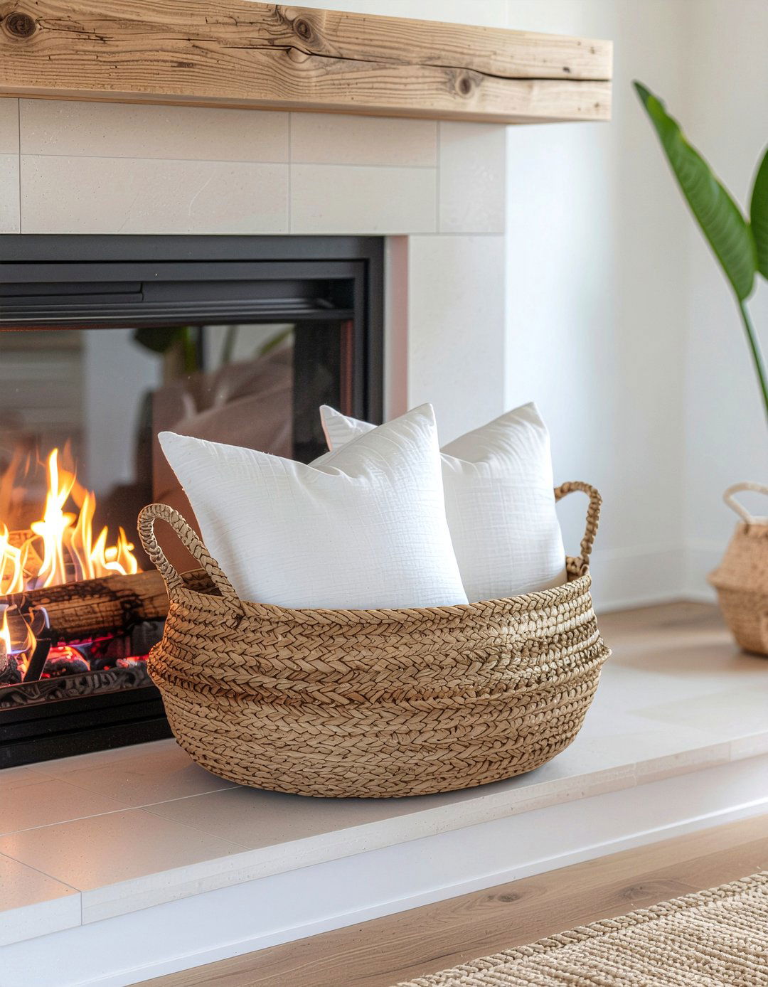 Fireplace mantel basket - 30 fireplace decor ideas