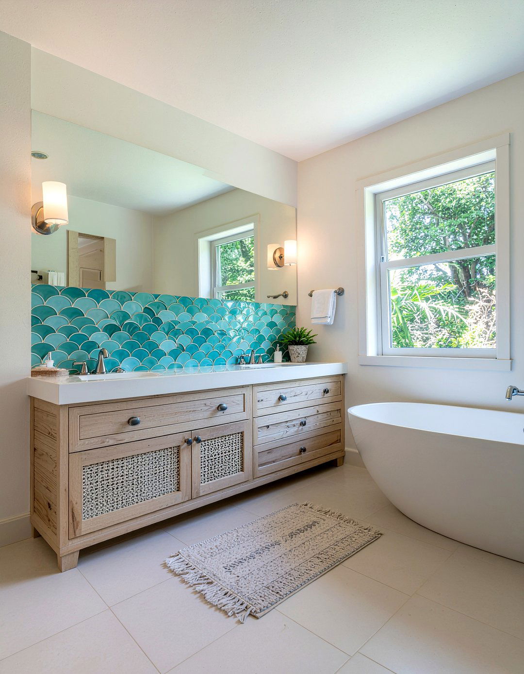 Fish scale and square tile - 30 mixed tile bathroom ideas