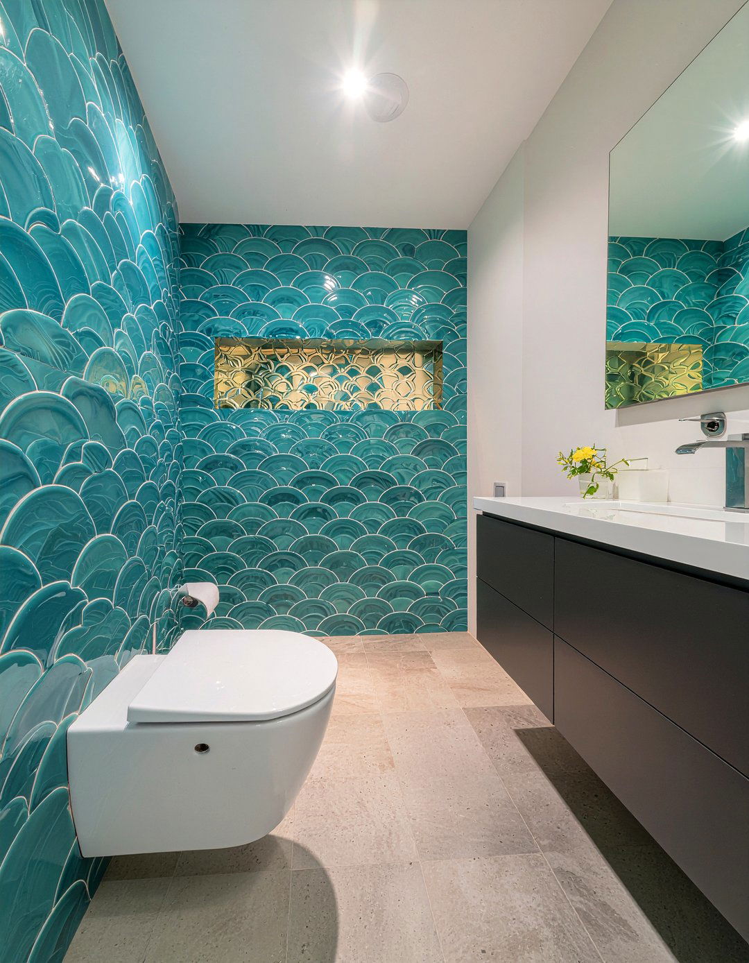 Fish scale tile and geometric wallpaper - 30 bathroom pattern mixing ideas