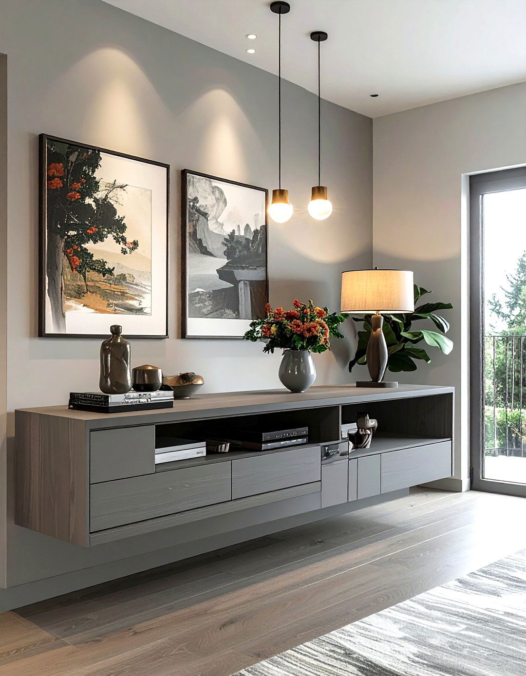 Floating Buffet Sideboard - 30 dining room hanging storage ideas