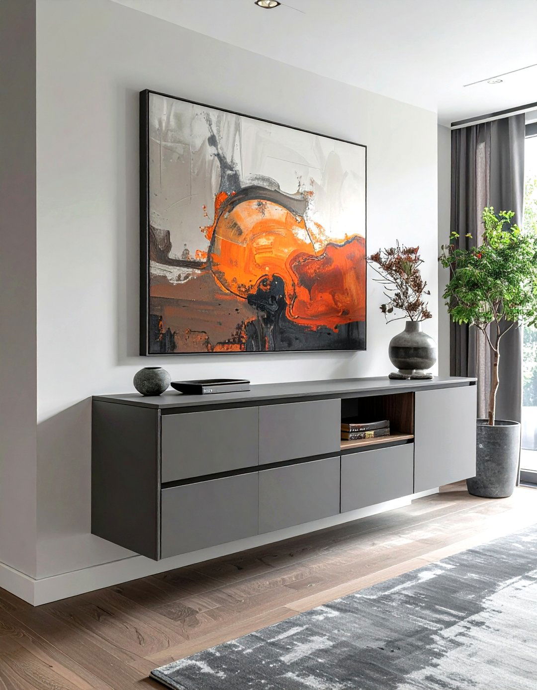 Floating Credenza - 30 dining room cabinet storage ideas