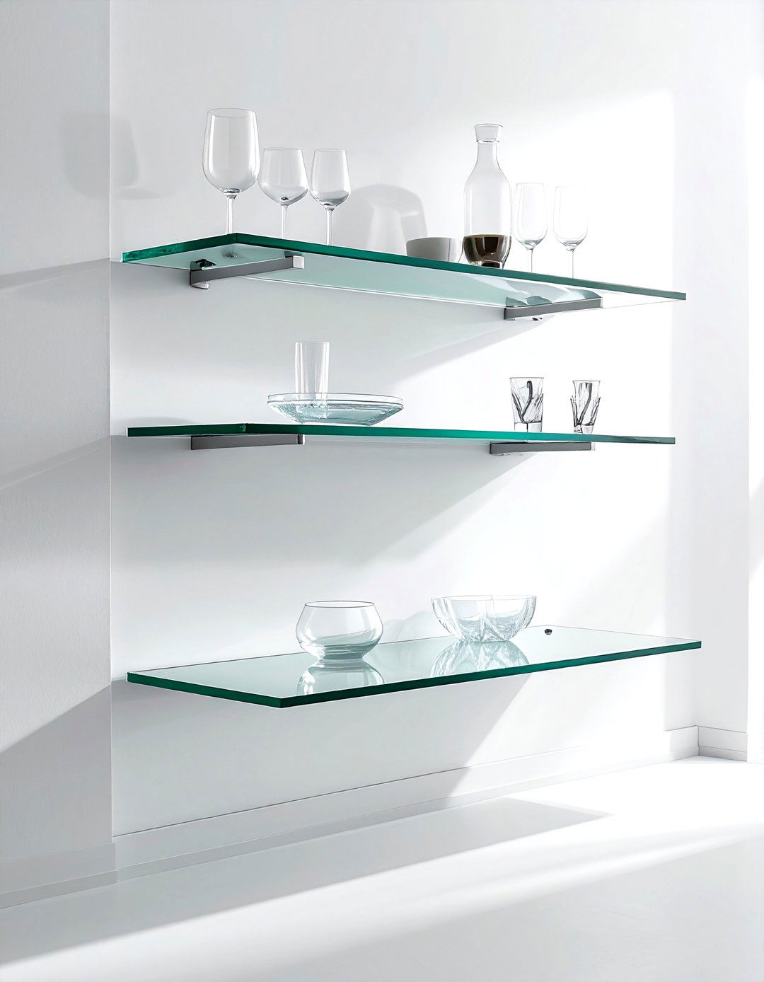 Floating Glass Shelves - 30 dining room built-in storage ideas
