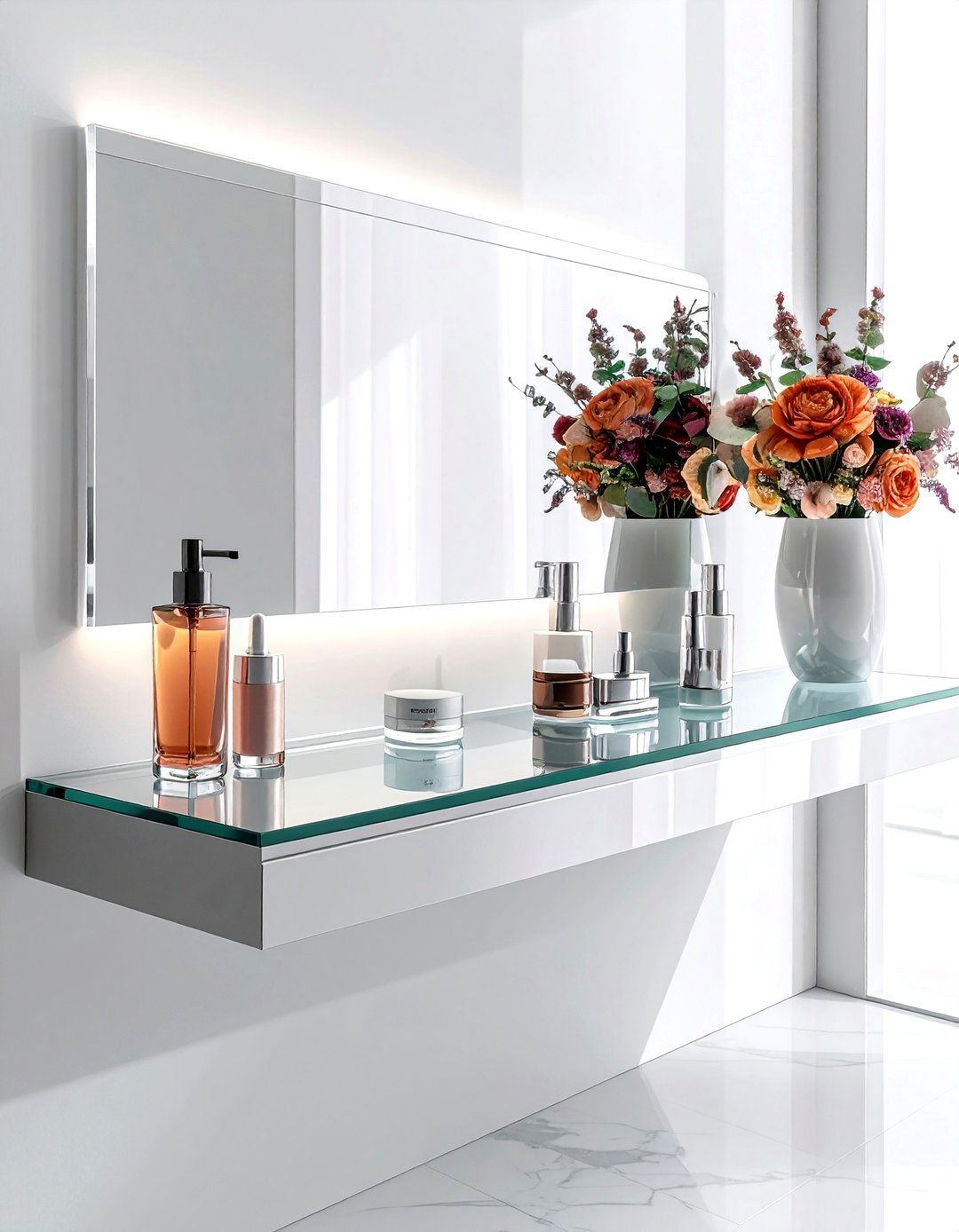 Floating Glass Vanity Shelf - 30 bathroom corner shelving ideas