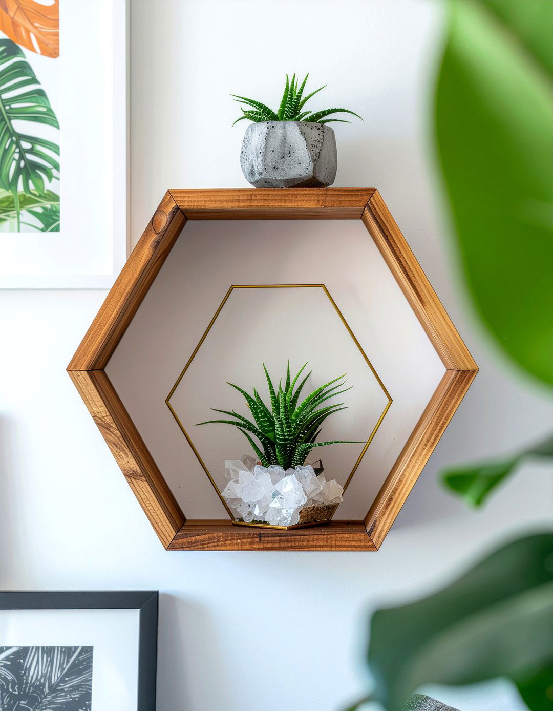Floating Hexagon Shelf - 30 command strip living room ideas