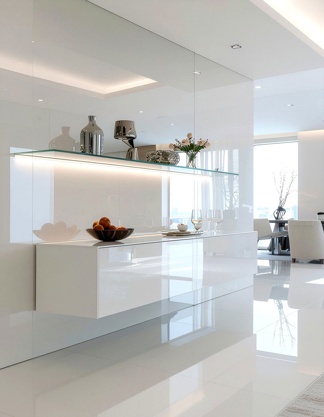 Floating Mirrored Buffet - 30 mirrored buffet dining room ideas