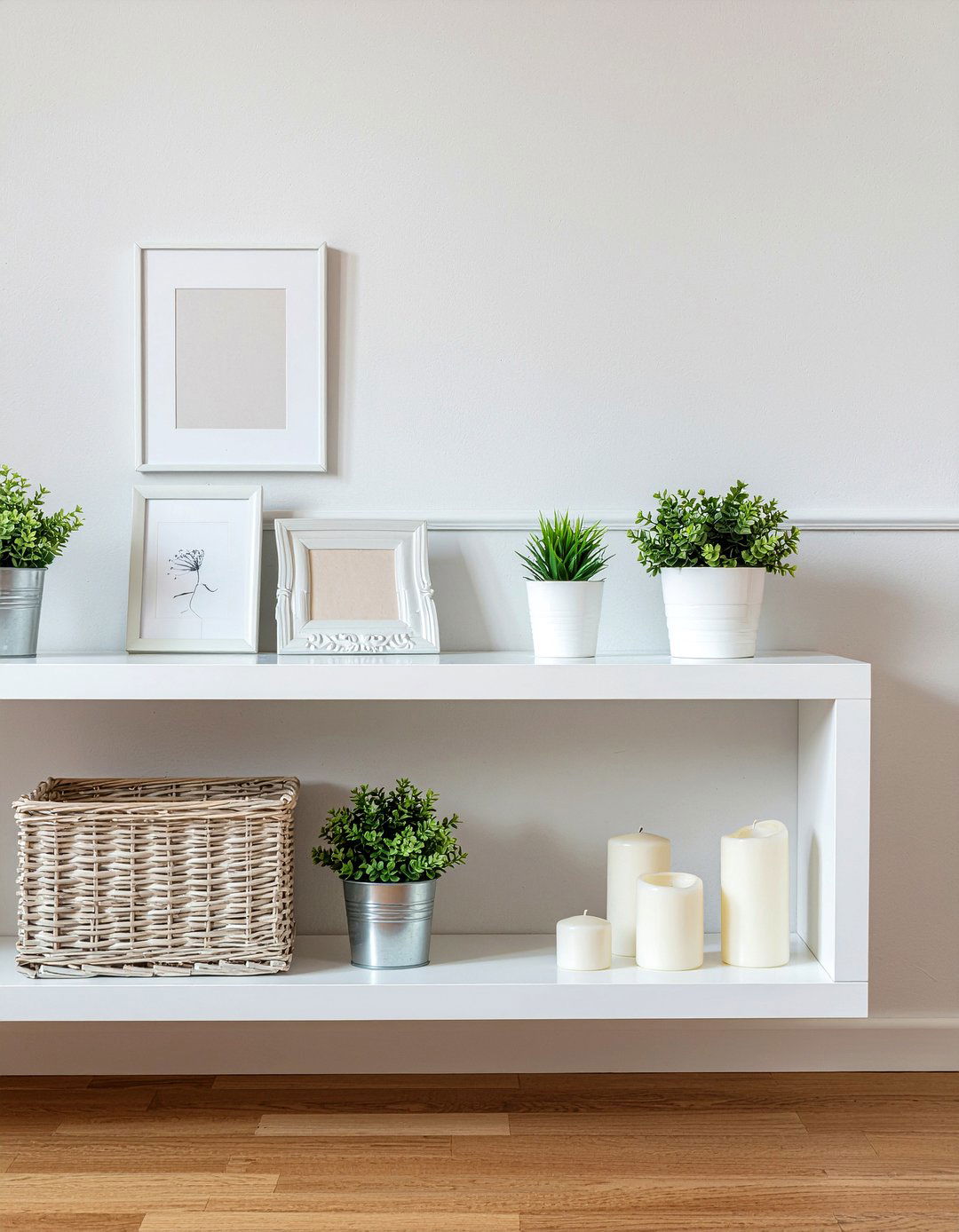 Floating Shelf Photo Arrangement - 30 bedroom family photo ideas
