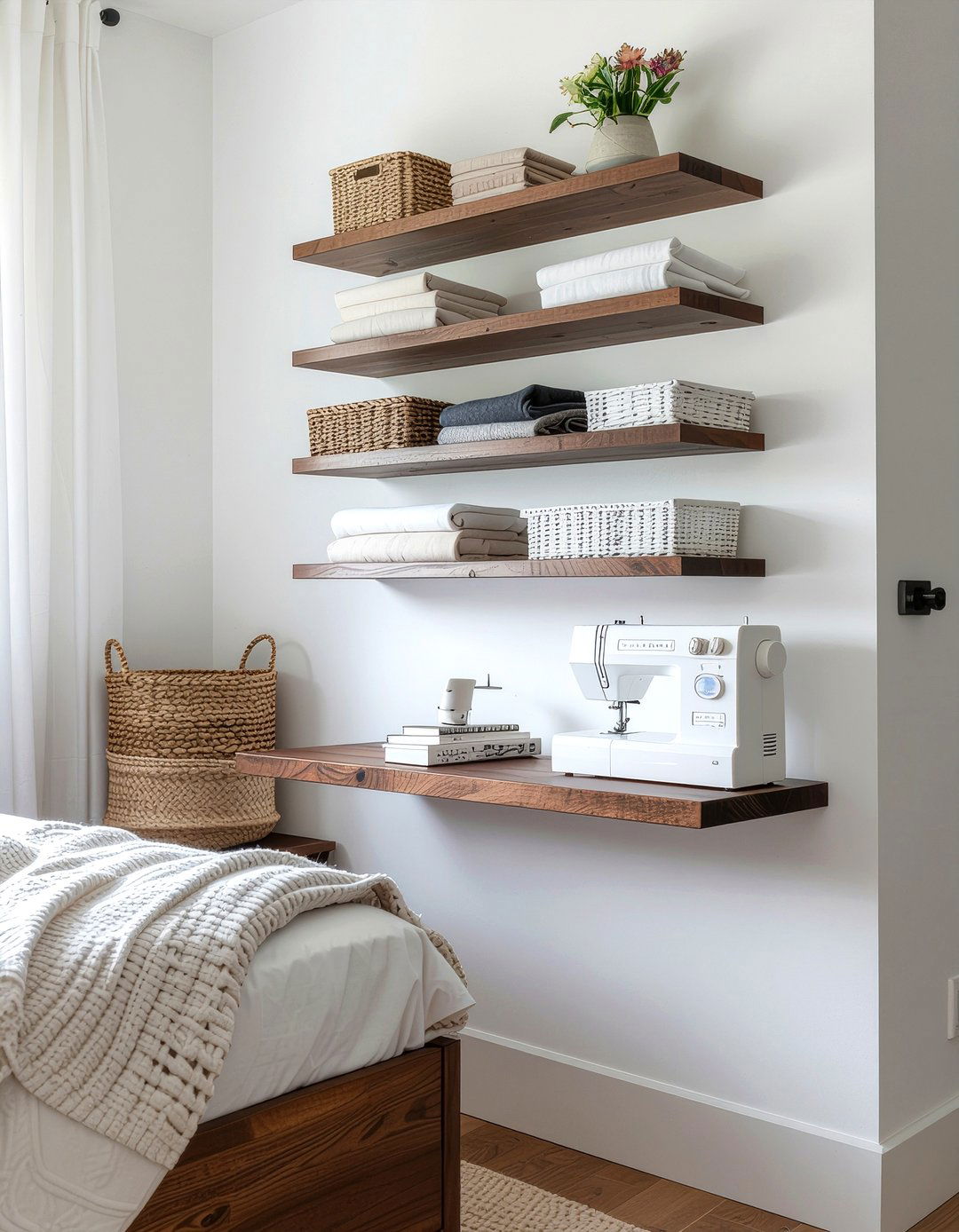 Floating Shelf Sewing Setup - 30 bedroom sewing nook ideas