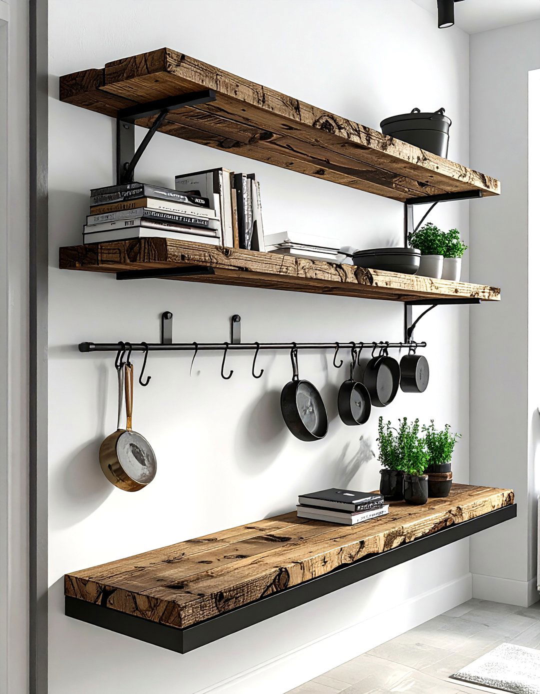 Floating Shelf With Hooks - 30 wall pot rack kitchen ideas
