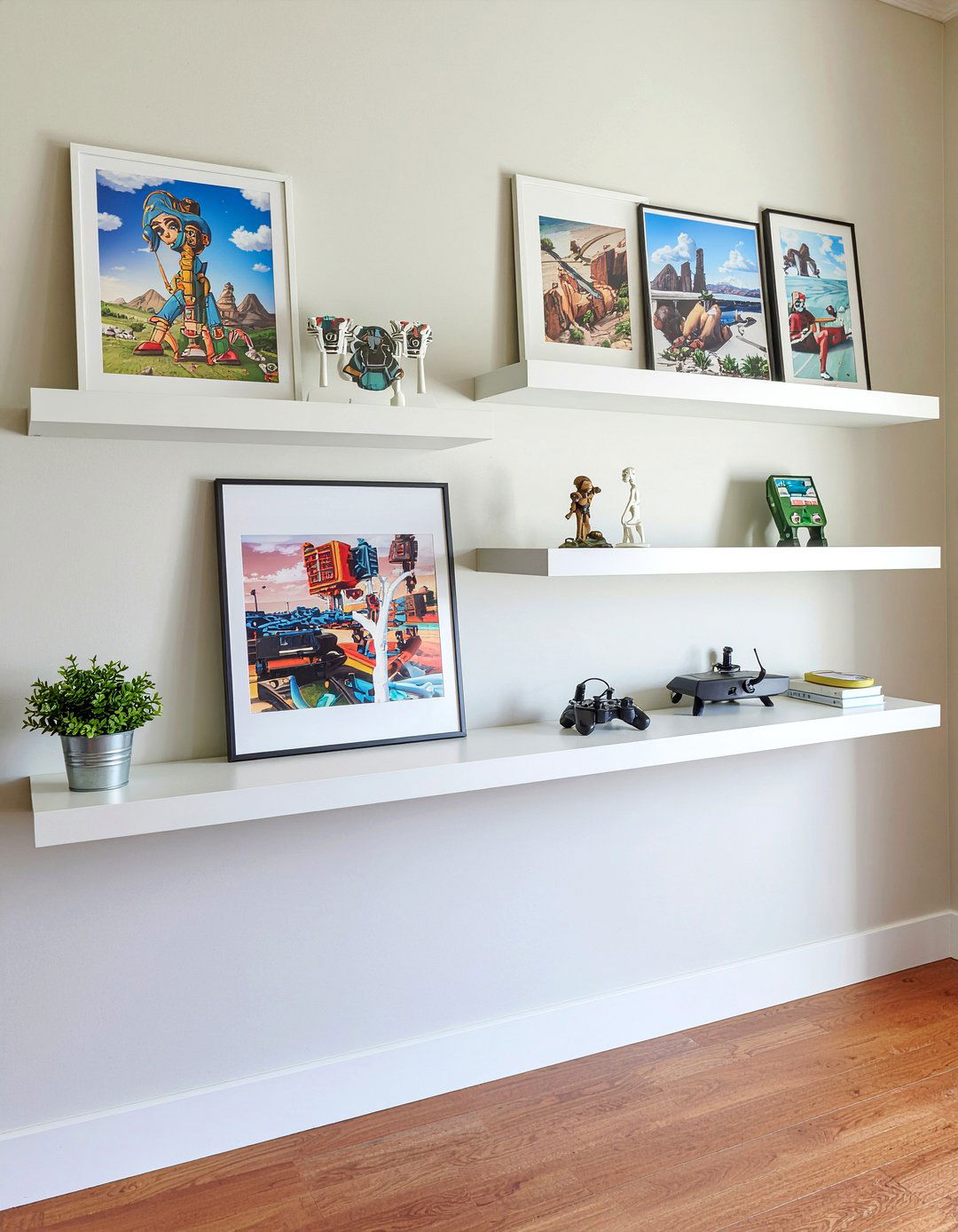 Floating Shelves For Collectibles - 30 game room living room ideas
