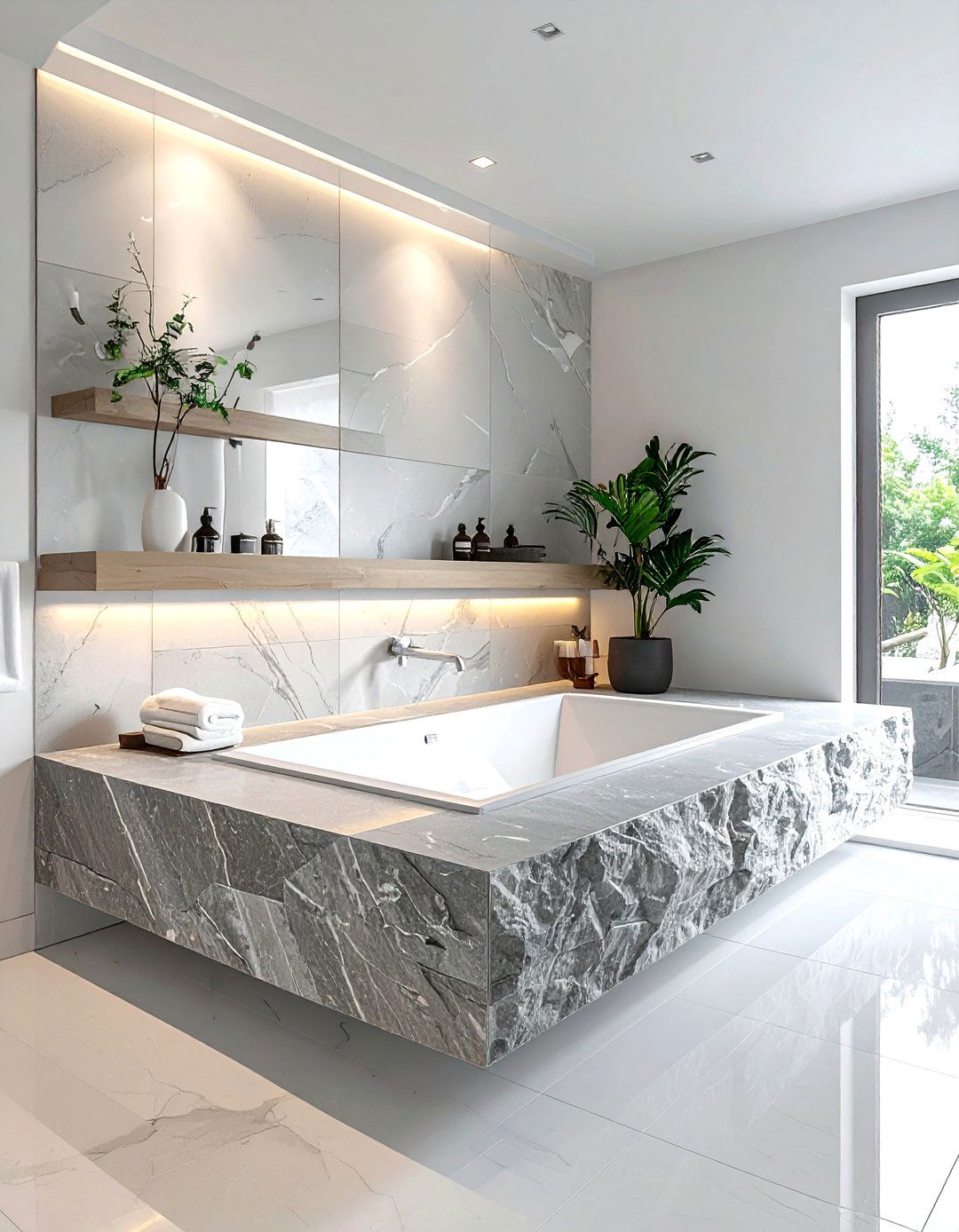 Floating Stone Corner Ledge - 30 bathroom corner shelving ideas