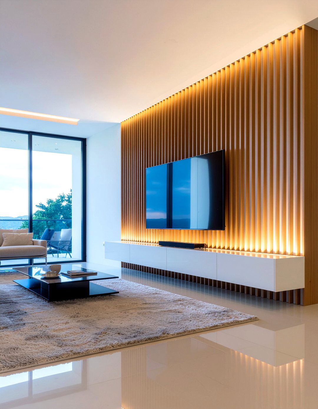 Floating TV Unit With Vertical Slats - 30 living room floating tv unit ideas