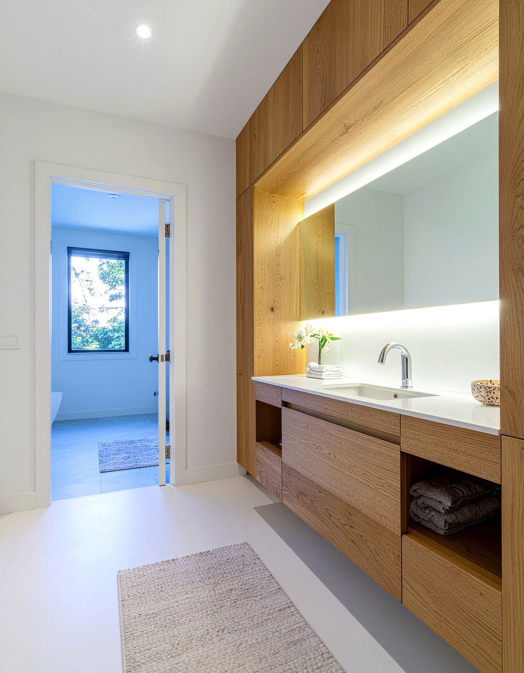 Floating Vanity Closet Access - 30 master bathroom with walk-in closet ideas